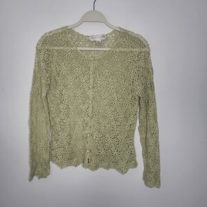Valerie Stevens 100% Linen Sage Green Crochet Button Front Cardigan Boho Size M